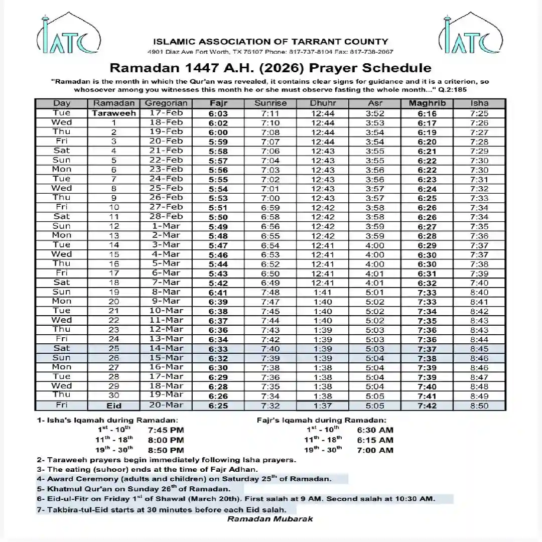 Ramadan 1447 A.H. (2026) Prayer Schedule